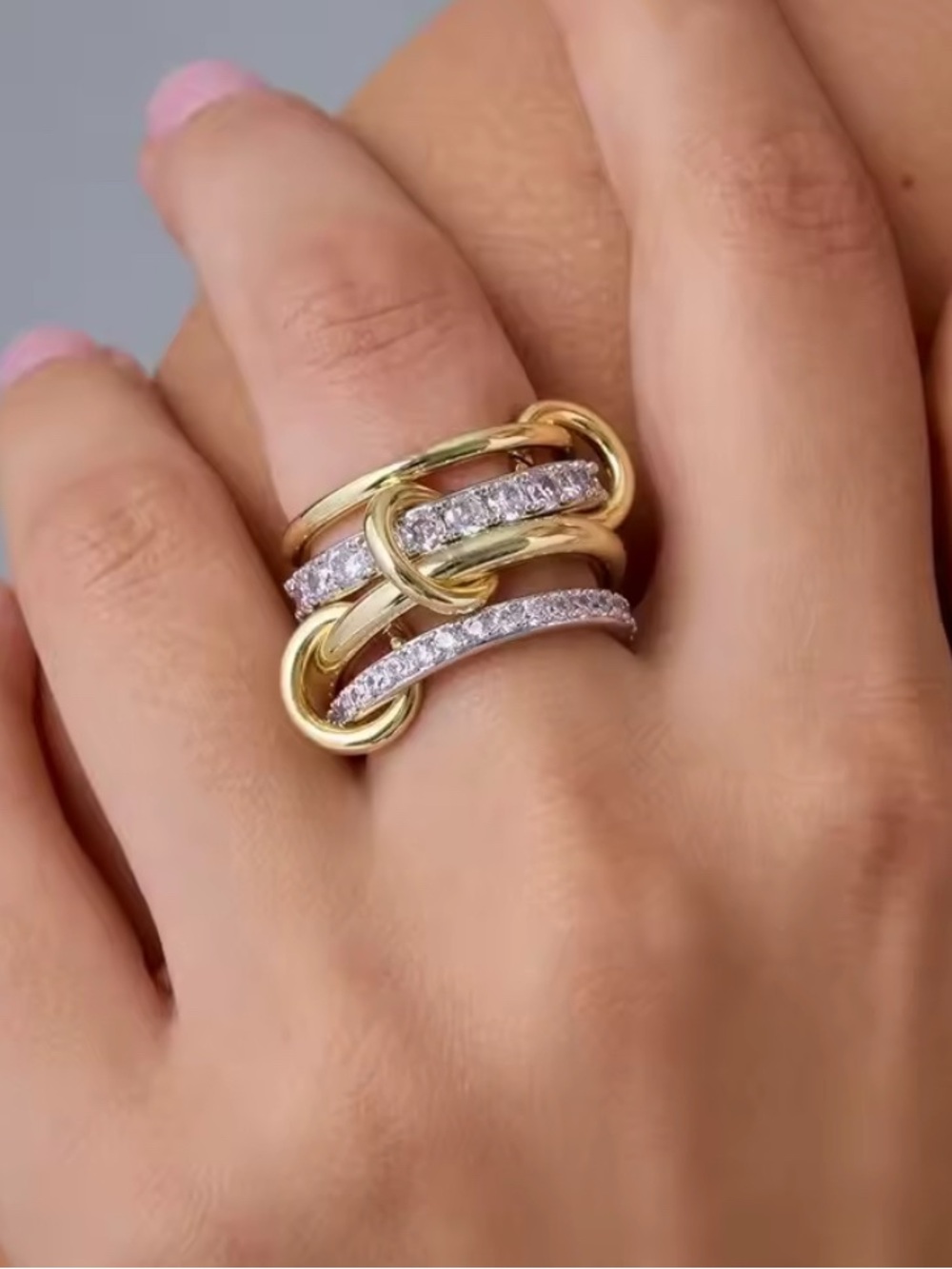 Hypoallergenic two color Elegant Gold and Silver Diamond Stackable Ring Set - Picture 4 of 4